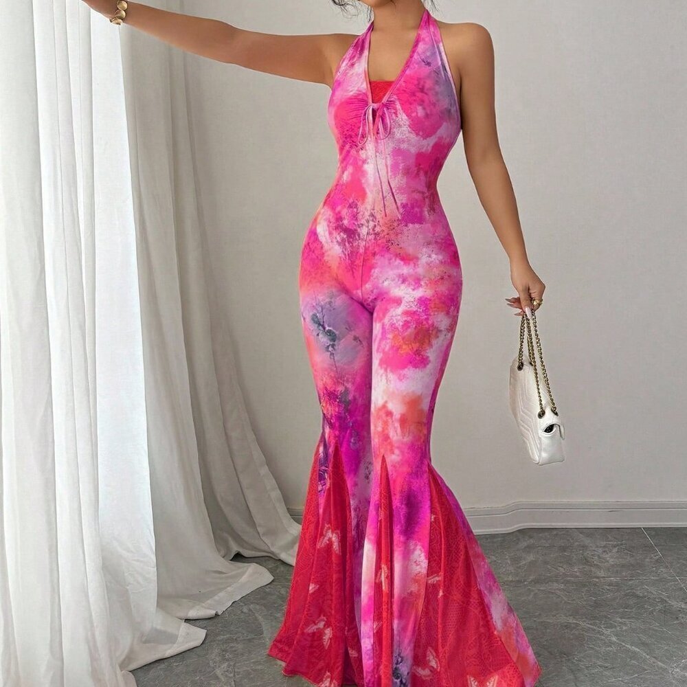 Multicolor Sexy Women's Lace Halter Jumpsuit with Floral Print Wide Leg